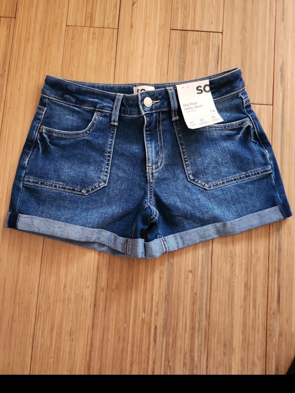 SO mid-rise utility denim shorts juniors sz 14 new with tags Cuffed legs stretch